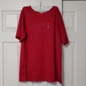 Small Red Semi Sheer Striped Rhinestone Embellished Short Sleeve Top